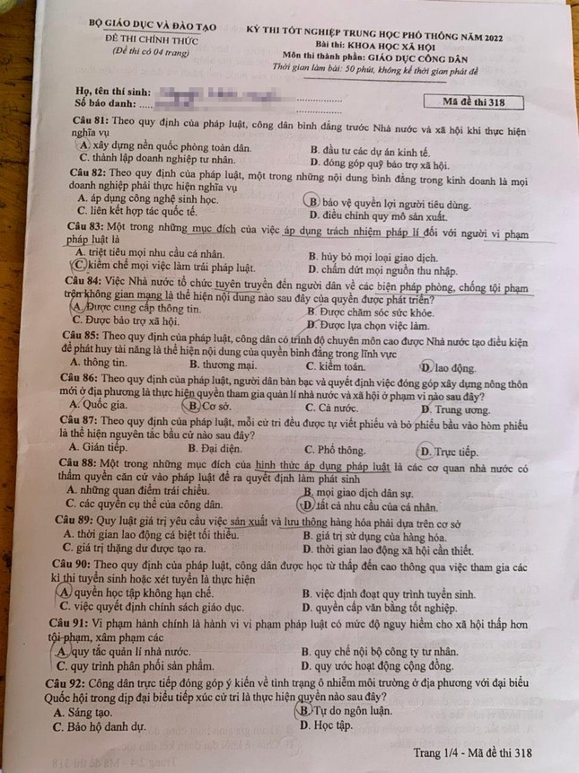 Giáo dục - Đáp án môn GDCD thi tốt nghiệp THPT 2022 mã đề 318 cập nhật mới nhất