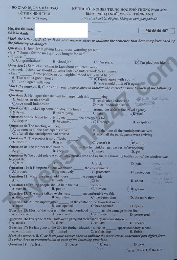 Giáo dục - Đáp án đề thi môn Ngoại Ngữ thi tốt nghiệp THPT 2022 mã đề 407 (Hình 2).