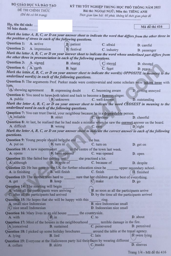 Giáo dục - Đáp án đề thi môn Ngoại Ngữ thi tốt nghiệp THPT 2022 mã đề 416 (Hình 2).