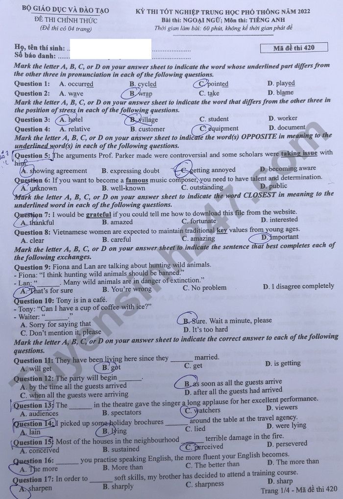 Giáo dục - Đáp án đề thi môn Ngoại Ngữ thi tốt nghiệp THPT 2022 mã đề 420 (Hình 2).
