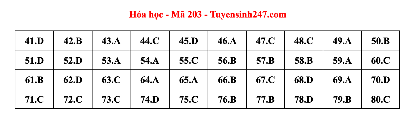 Giáo dục - Đáp án đề thi môn Hóa học tốt nghiệp THPT 2022 chuẩn nhất mã đề 203