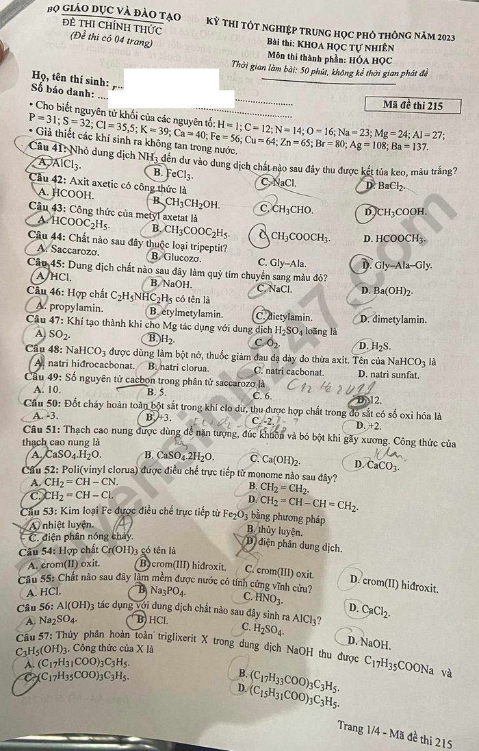 Giáo dục - Đề thi, gợi ý đáp án môn Hóa học mã đề 215 thi tốt nghiệp THPT 2023
