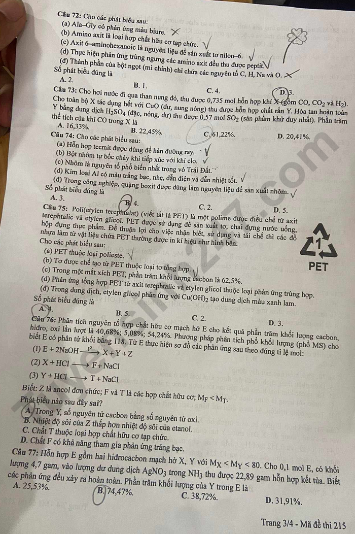 Giáo dục - Đề thi, gợi ý đáp án môn Hóa học mã đề 215 thi tốt nghiệp THPT 2023 (Hình 3).