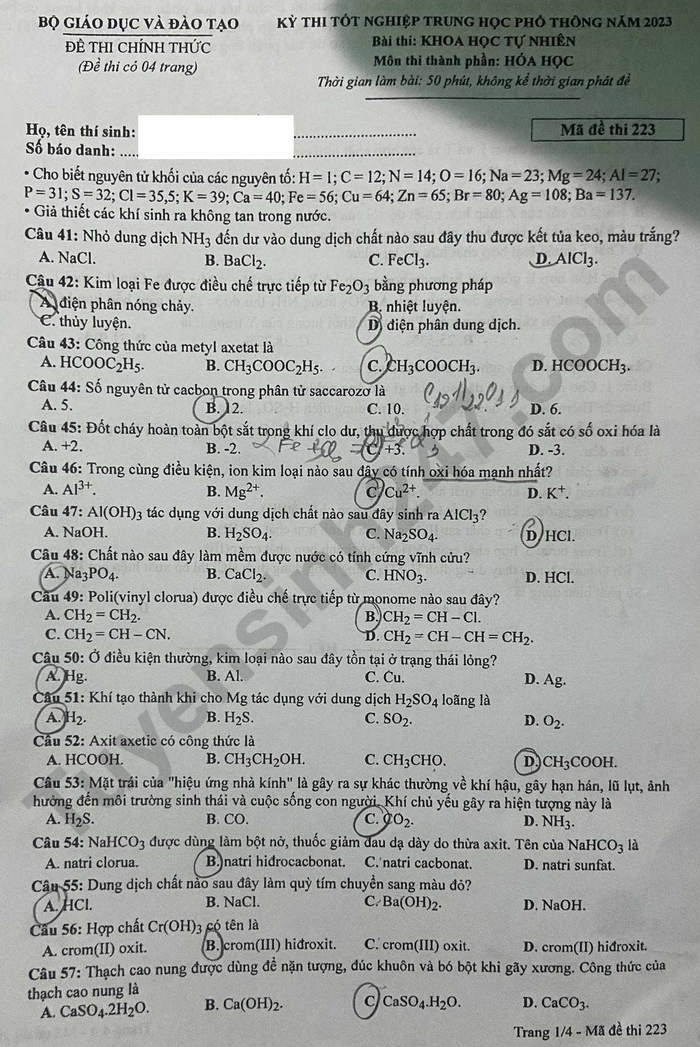 Giáo dục - Đề thi, gợi ý đáp án môn Hóa học mã đề 223 thi tốt nghiệp THPT 2023