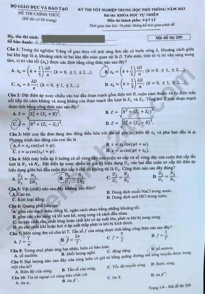 Giáo dục - Đề thi, đáp án môn Vật lý thi tốt nghiệp THPT 2023 chuẩn nhất mã đề 209