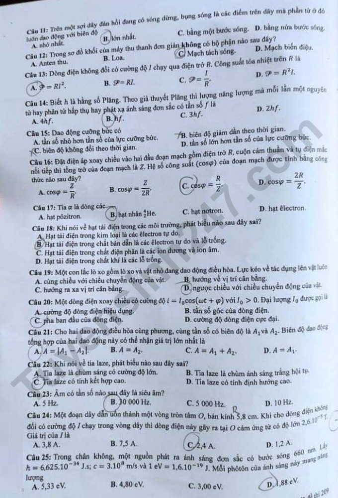 Giáo dục - Đề thi, đáp án môn Vật lý thi tốt nghiệp THPT 2023 chuẩn nhất mã đề 209 (Hình 3).
