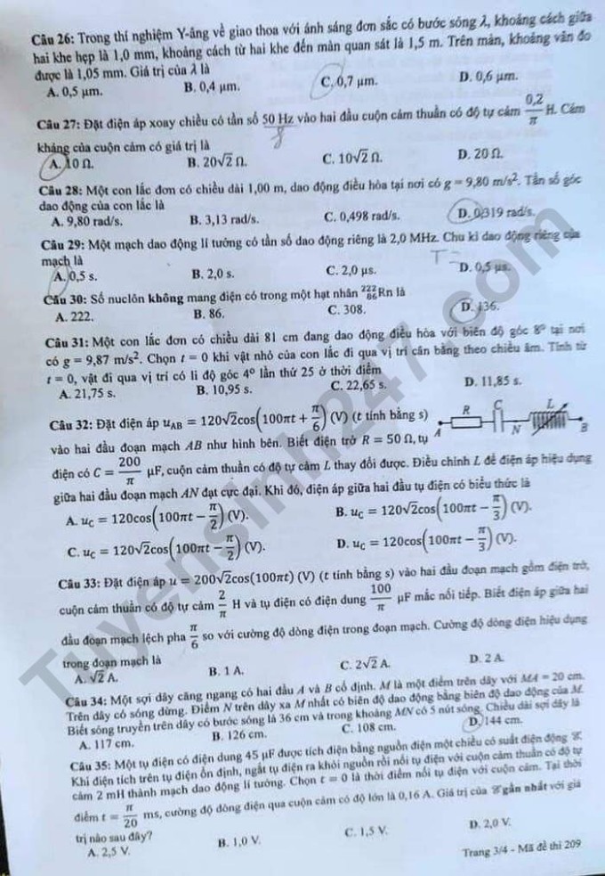 Giáo dục - Đề thi, đáp án môn Vật lý thi tốt nghiệp THPT 2023 chuẩn nhất mã đề 209 (Hình 2).