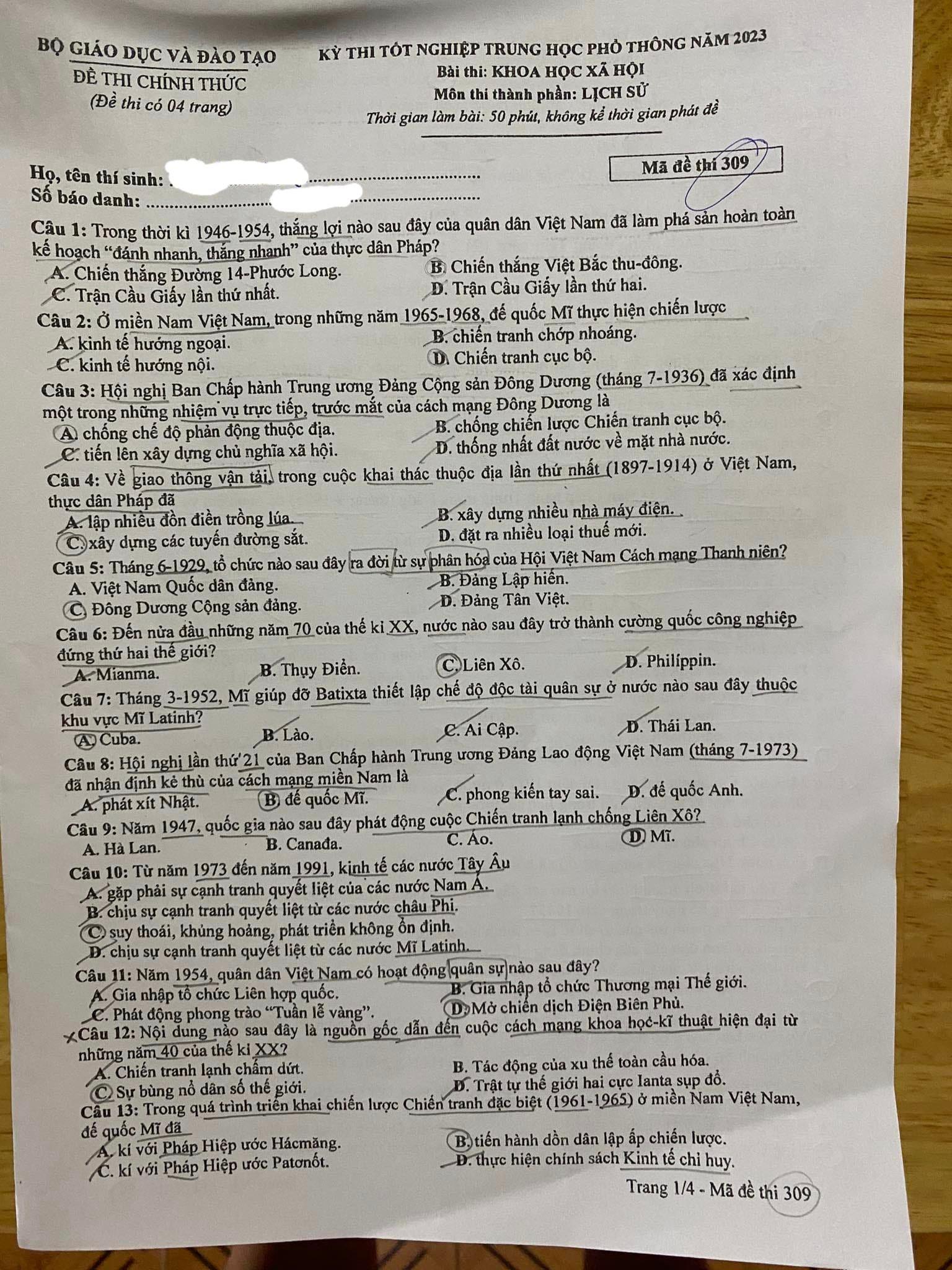 Giáo dục - Đề thi, đáp án môn Lịch sử mã đề 309 kỳ thi tốt nghiệp THPT năm 2023