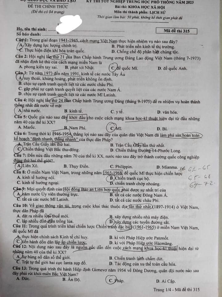 Giáo dục - Đề thi, đáp án môn Lịch sử mã đề 315 kỳ thi tốt nghiệp THPT năm 2023
