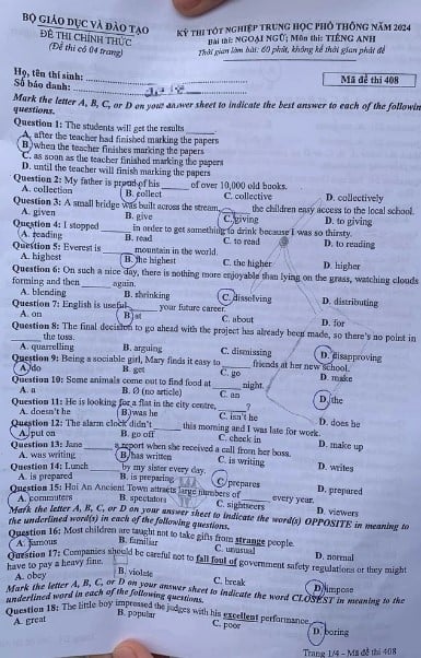 Giáo dục - Đáp án, đề thi môn tiếng Anh mã đề 408 kỳ thi THPT năm 2024 chuẩn nhất, chính xác nhất