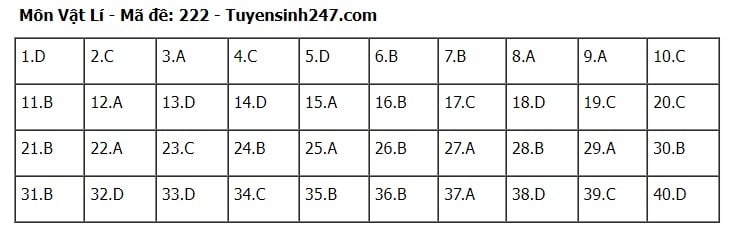 Giáo dục - Đáp án, đề thi môn Vật lí mã đề 222 kỳ thi THPT năm 2024 chuẩn nhất, chính xác nhất