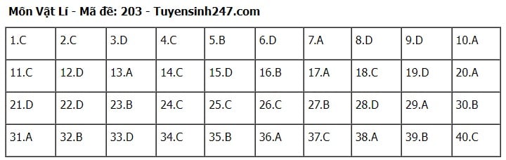 Giáo dục - Đáp án, đề thi môn Vật lí mã đề 203 kỳ thi THPT năm 2024 chuẩn nhất, chính xác nhất