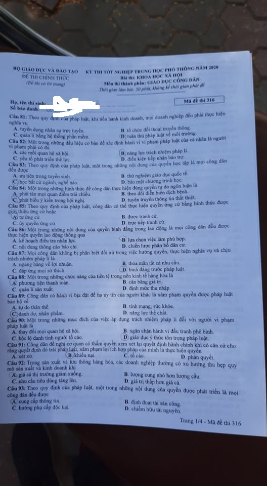 Giáo dục - Đáp án đề thi môn GDCD tốt nghiệp THPT 2020 chuẩn nhất mã đề 316