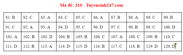 Giáo dục - Đáp án đề thi môn GDCD tốt nghiệp THPT 2020 chuẩn nhất mã đề 310