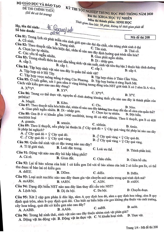 Giáo dục - Đáp án đề thi môn Sinh học tốt nghiệp THPT 2020 chuẩn nhất mã đề 208