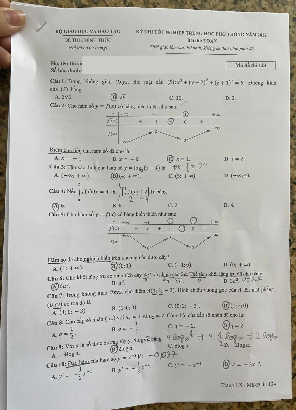 Giáo dục - Đáp án đề thi môn Toán tốt nghiệp THPT 2022 chuẩn nhất mã đề 124 (Hình 2).