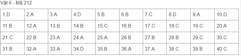 Giáo dục - Đáp án đề thi môn Vật lý mã đề 212 thi tốt nghiệp THPT năm 2022