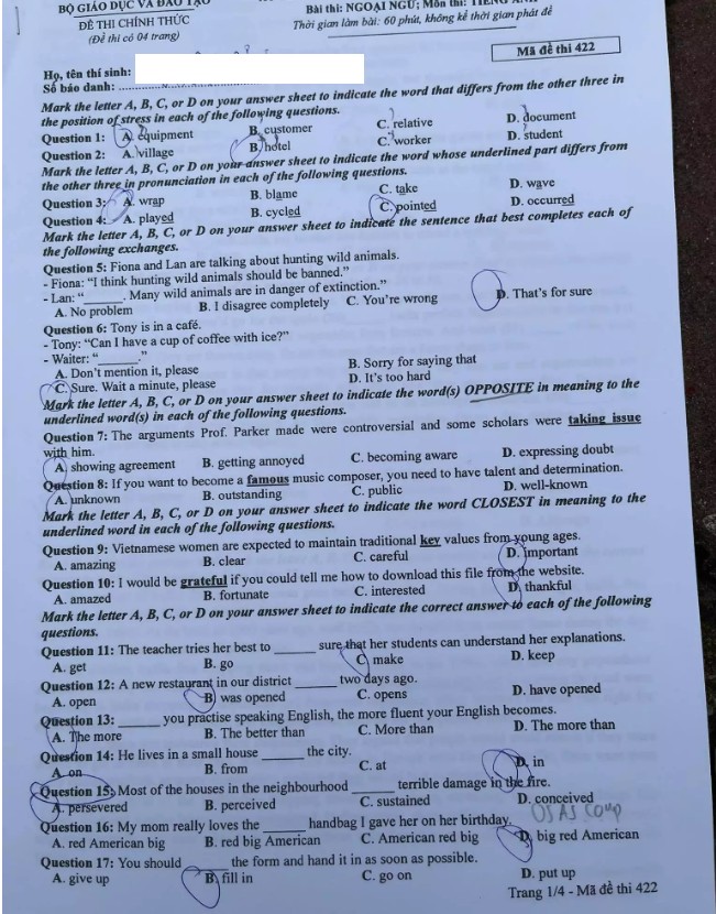 Giáo dục - Đáp án đề thi môn Ngoại Ngữ thi tốt nghiệp THPT 2022 mã đề 422 (Hình 2).