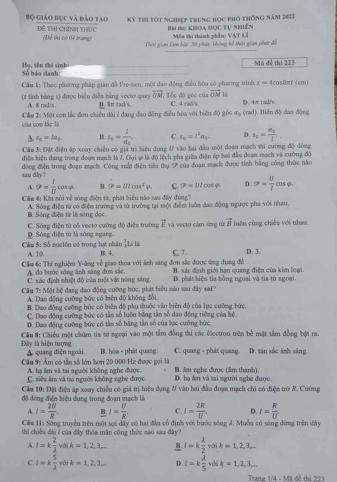 Giáo dục - Gợi ý đáp án đề thi môn Vật lý  mã đề 223 thi tốt nghiệp THPT năm 2022 (Hình 2).