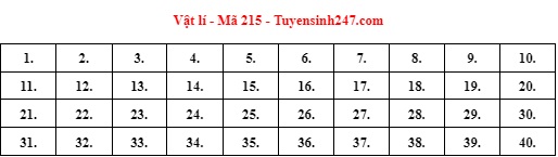 Giáo dục - Đáp án đề thi môn Vật lý mã đề 215 thi tốt nghiệp THPT năm 2022