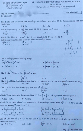 Giáo dục - Đề thi, đáp án môn Toán thi tốt nghiệp THPT 2023 chuẩn nhất mã đề 103