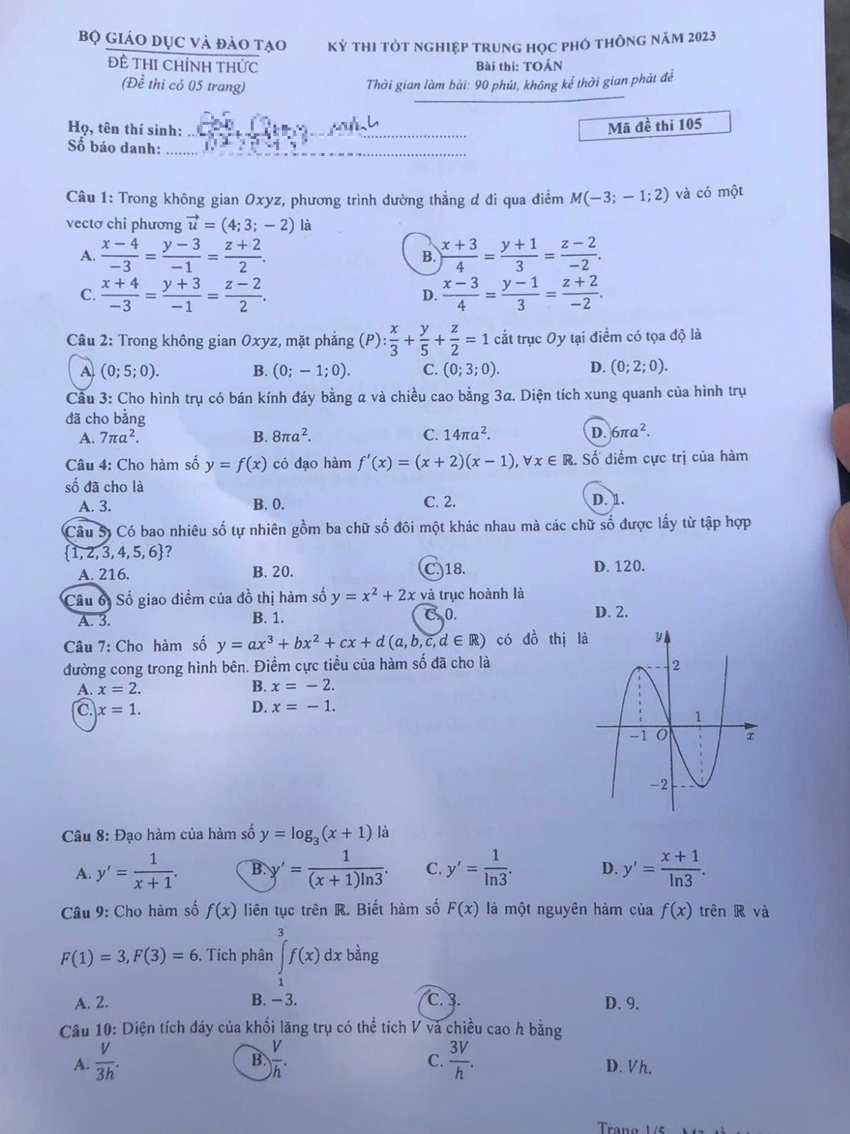 Giáo dục - Đề thi, đáp án môn Toán thi tốt nghiệp THPT 2023 chuẩn nhất mã đề 105