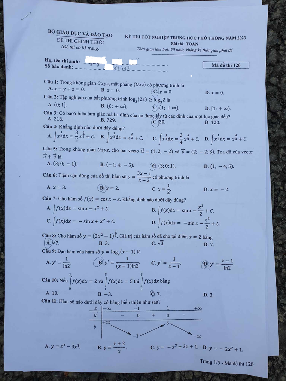 Giáo dục - Đề thi, đáp án môn Toán thi tốt nghiệp THPT 2023 chuẩn nhất mã đề 120