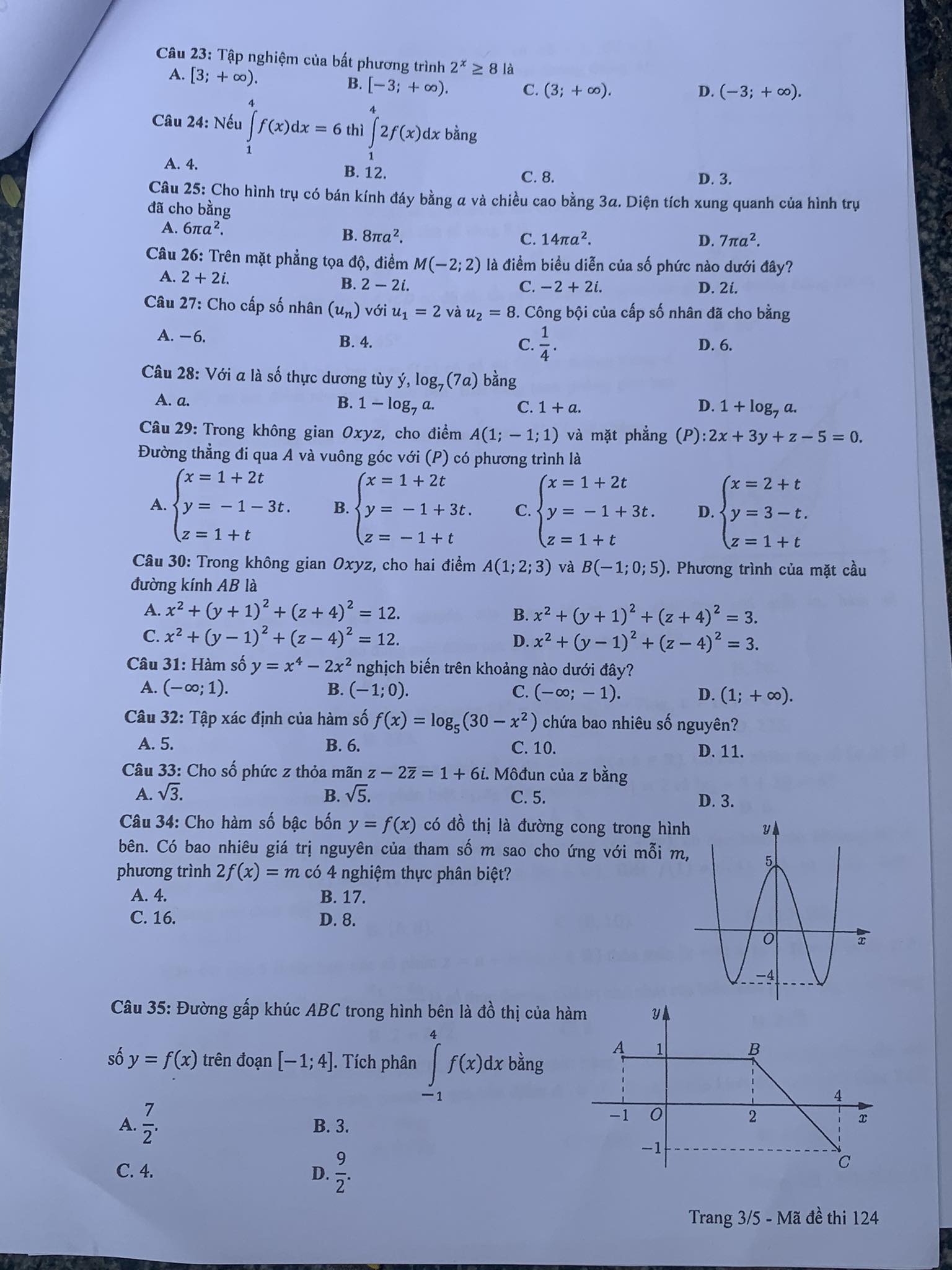 Giáo dục - Đề thi, đáp án môn Toán thi tốt nghiệp THPT 2023 chuẩn nhất mã đề 124 (Hình 3).