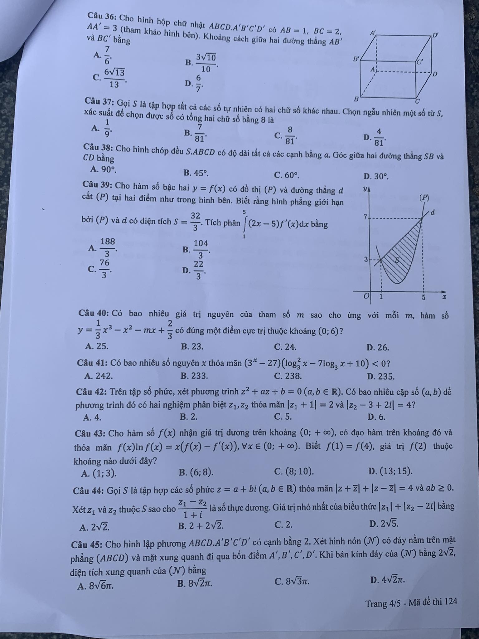 Giáo dục - Đề thi, đáp án môn Toán thi tốt nghiệp THPT 2023 chuẩn nhất mã đề 124 (Hình 4).