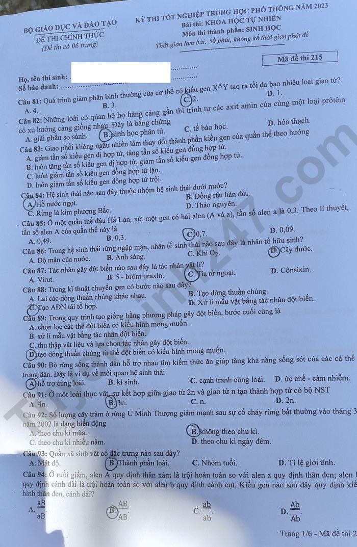 Giáo dục - Đáp án đề thi môn Sinh học kỳ thi tốt nghiệp THPT năm 2023 mã đề 215