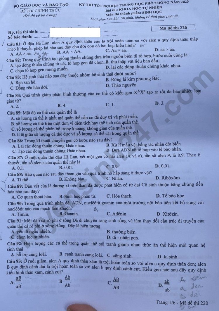 Giáo dục - Đáp án đề thi môn Sinh học kỳ thi tốt nghiệp THPT năm 2023 mã đề 220