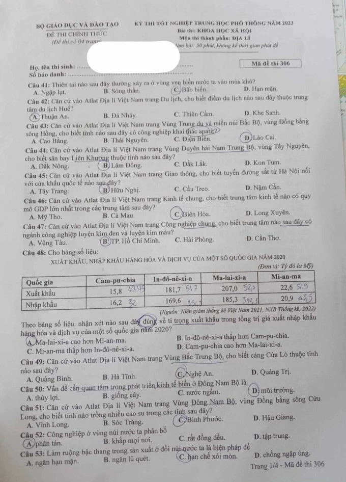 Giáo dục - Đáp án đề thi môn Địa lý mã đề 306 thi tốt nghiệp THPT 2023