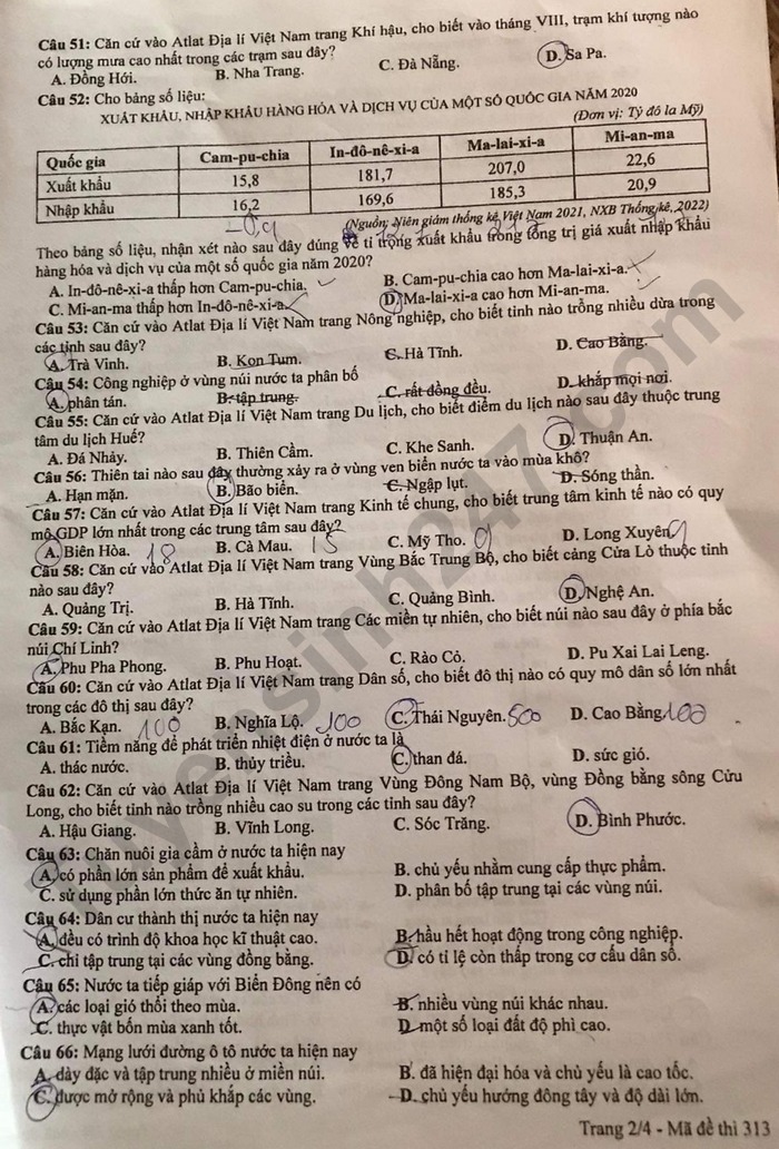 Giáo dục - Đáp án đề thi môn Địa lý mã đề 313 thi tốt nghiệp THPT 2023 (Hình 2).