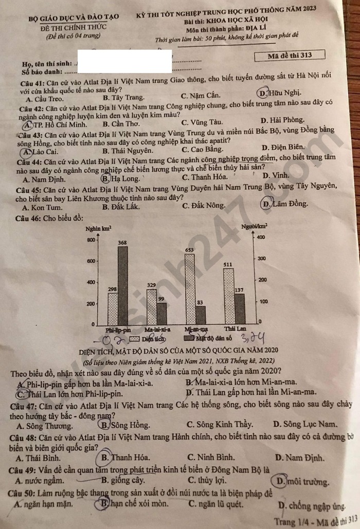Giáo dục - Đáp án đề thi môn Địa lý mã đề 313 thi tốt nghiệp THPT 2023