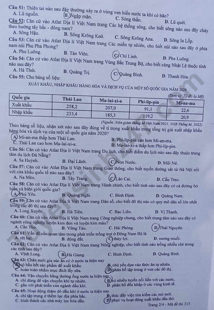 Giáo dục - Đáp án đề thi môn Địa lý mã đề 315 thi tốt nghiệp THPT 2023 (Hình 2).