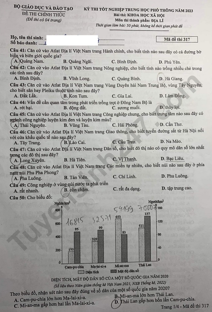 Giáo dục - Đáp án đề thi môn Địa lý mã đề 317 thi tốt nghiệp THPT 2023