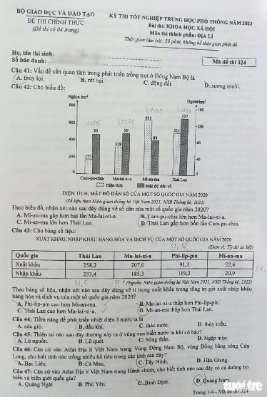 Giáo dục - Đáp án đề thi môn Địa lý mã đề 324 thi tốt nghiệp THPT 2023