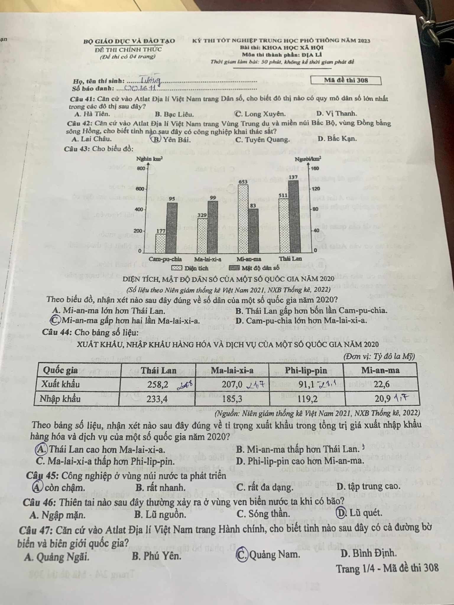 Giáo dục - Đáp án đề thi môn Địa lý mã đề 308 thi tốt nghiệp THPT 2023