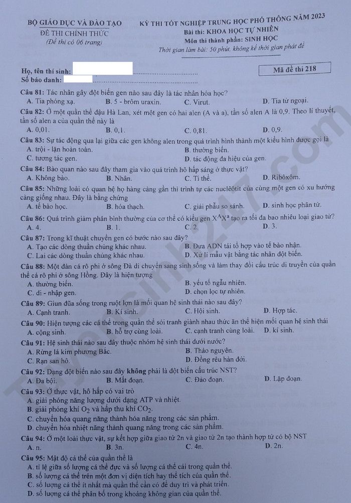 Giáo dục - Đáp án đề thi môn Sinh học kỳ thi tốt nghiệp THPT năm 2023 mã đề 218