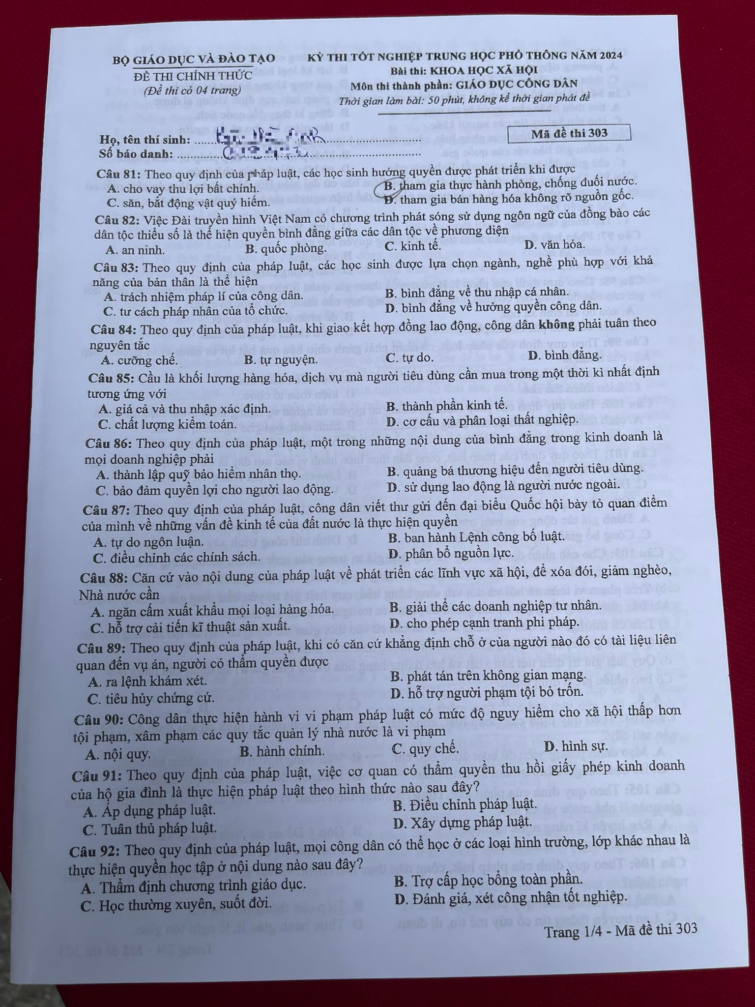 Giáo dục - Đáp án, đề thi môn GDCD mã đề 303 thi THPT 2024 chuẩn nhất, chính xác