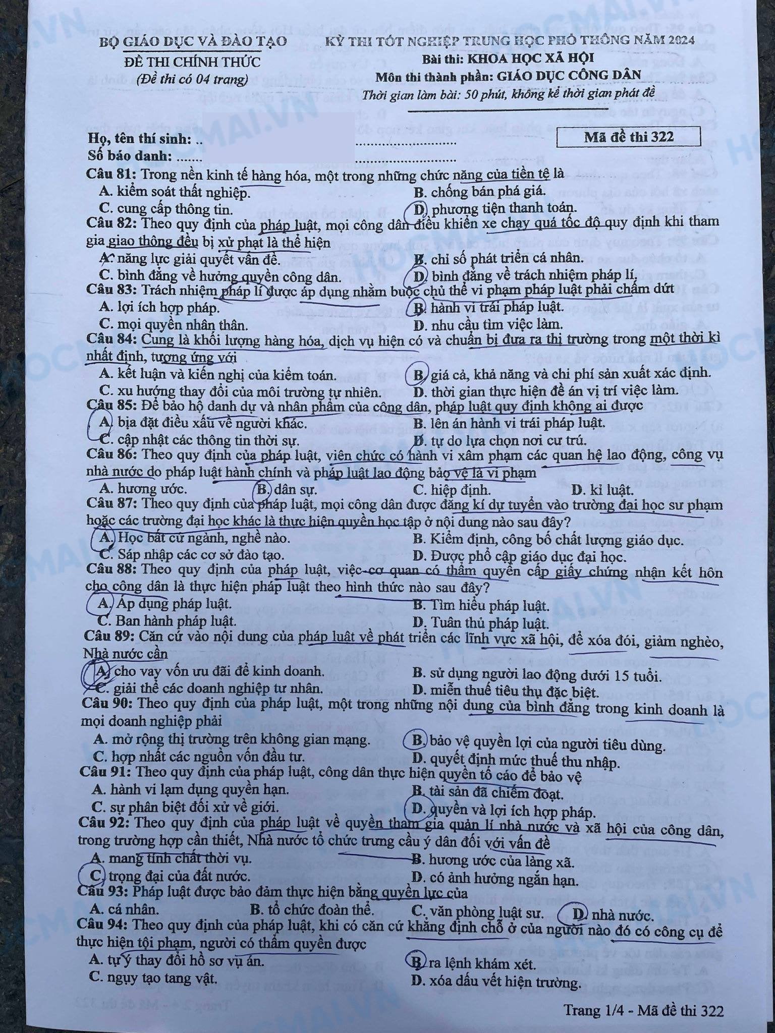 Giáo dục - Đáp án, đề thi môn GDCD mã đề 322 thi THPT 2024 chuẩn nhất, chính xác
