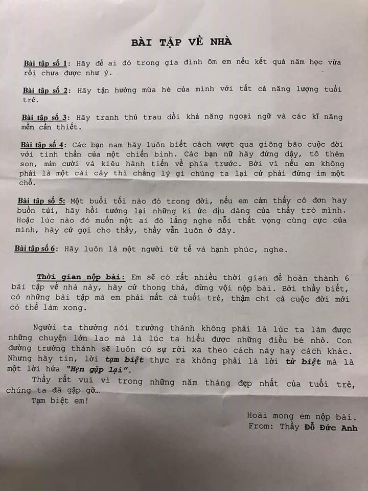 Giáo dục - Học trò đã khóc khi đọc được 6 bài tập về nhà dành cả đời làm mới hết của thầy giáo chủ nhiệm
