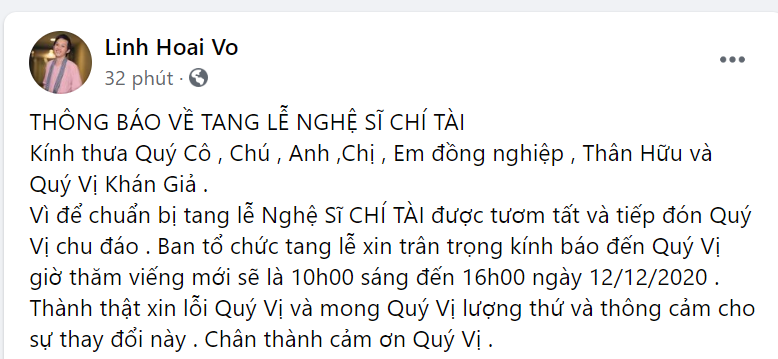 Ngôi sao - Lùi thời gian tổ chức lễ viếng nghệ sĩ Chí Tài