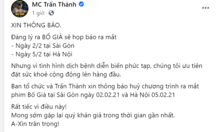 Ngôi sao - Trấn Thành huỷ chương trình ra mắt phim Bố già vì Covid-19