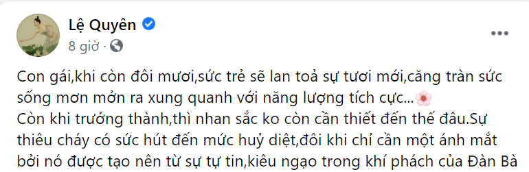 Giải trí - Lệ Quyên chia sẻ quan điểm về “con gái đôi mươi và khi trưởng thành” khác nhau thế nào