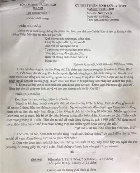 Giáo dục - Đáp án, đề thi môn Ngữ văn kỳ thi tuyển sinh vào lớp 10 ở Hà Nội
