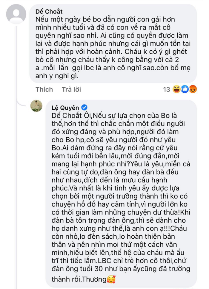 Giải trí - Lệ Quyên nói gì khi bị hỏi nếu sau này con trai cũng yêu người lớn tuổi hơn?