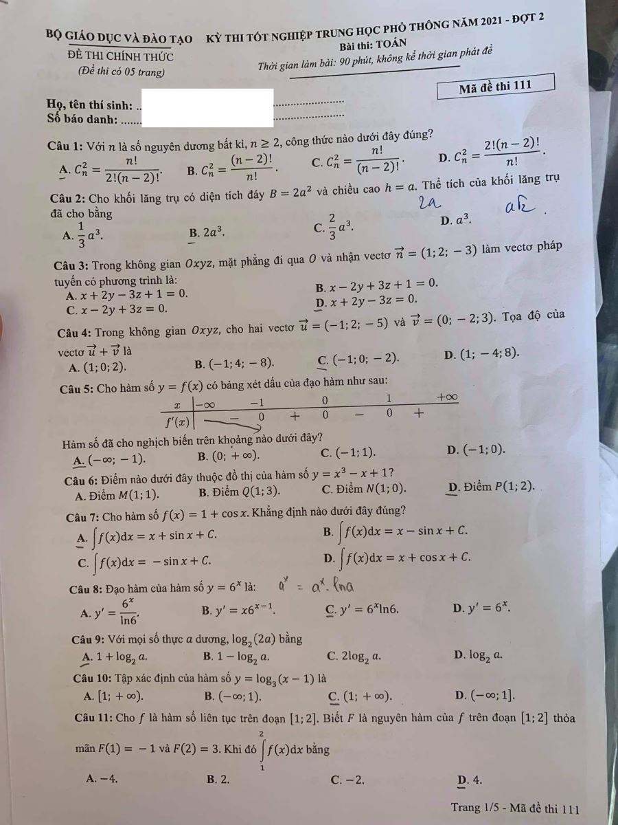 Giáo dục - Đề thi môn Toán tốt nghiệp THPT 2021 đợt 2
