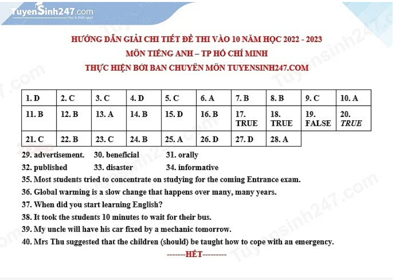 Giáo dục - Gợi ý giải đề thi môn tiếng Anh kỳ thi tuyển sinh lớp 10 ở Tp.HCM (Hình 5).