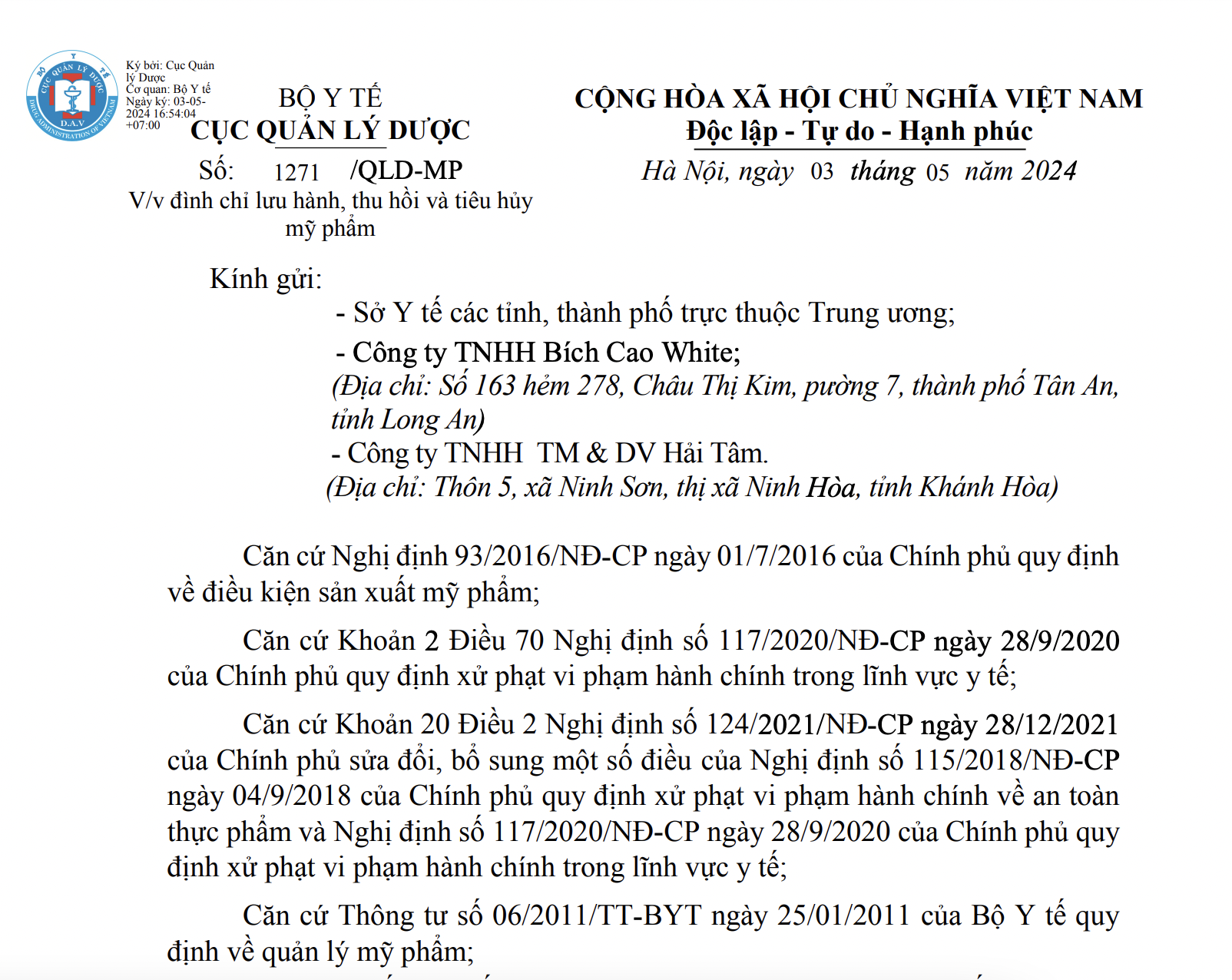 Tiêu dùng & Dư luận - Thu hồi và tiêu huỷ mỹ phẩm Bích Cao White